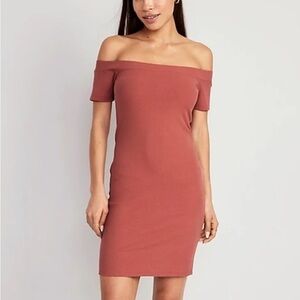 NWT Old Navy Rust Pink Off-Shoulder Ribbed Bodycon Mini Dress Size Medium